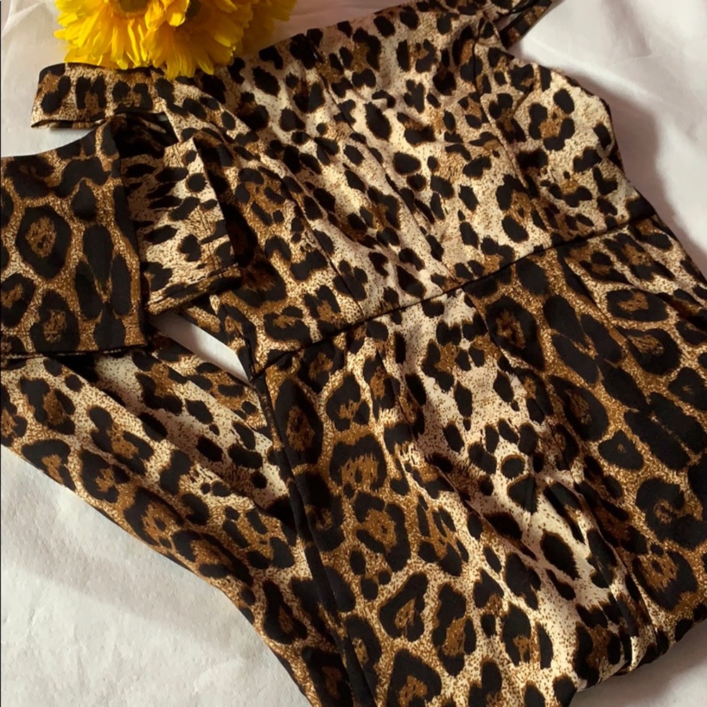 Leopard Animal Print Off The Shoulders Waist Belt Jumpsuit - Picture 5 of 8